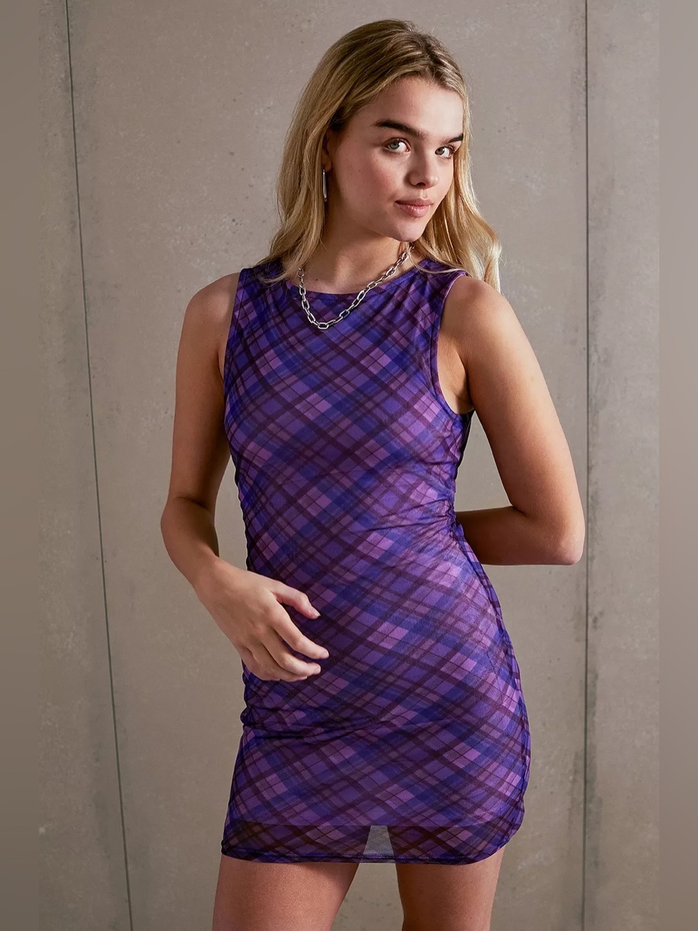 NWOT UO Urban Outfitters Austin Purple Plaid Mesh Mini Dress XS